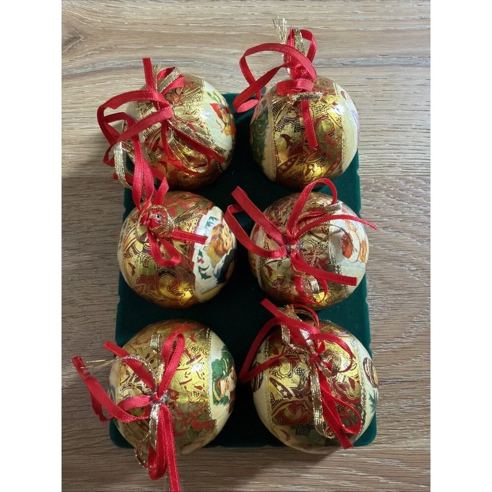 Vtg Heirloom Christmas Ornaments Paper Mache Style Victorian Balls 2.5” Set Of 6